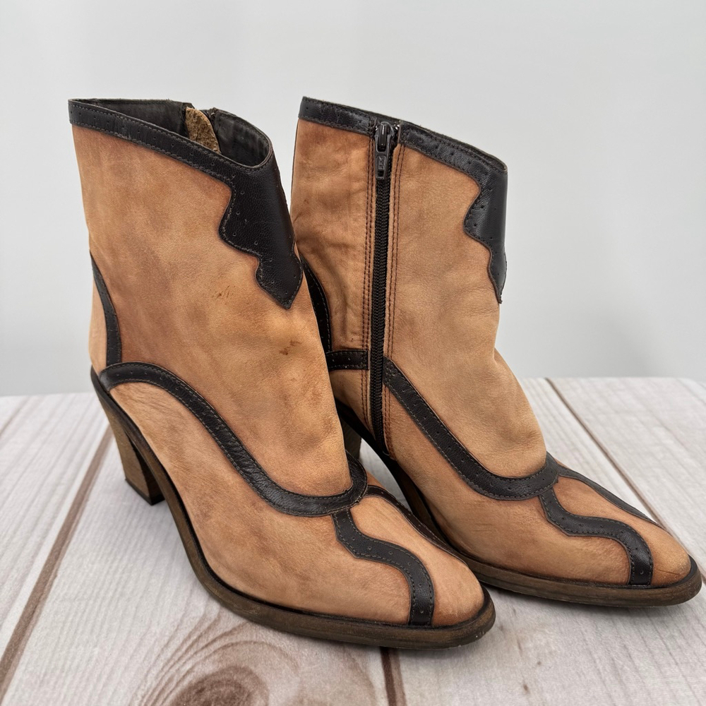 Free People Winding Road Ankle Boots Brown & Black Leather Western Anthropologie
